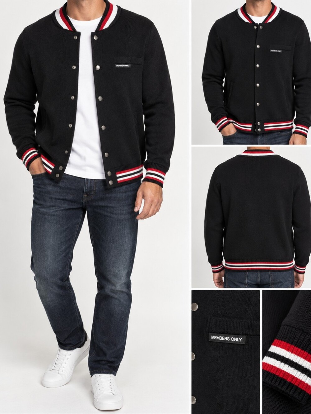 Members Only Men’s XL Black Varsity Cardigan Sweater Snap Front